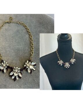 J. Crew plum purple clear Crystal gem jewelled flower statement necklace